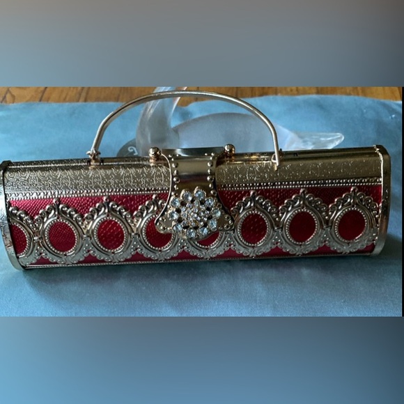 New handheld cylinder shape metal red embellished clutch  bag